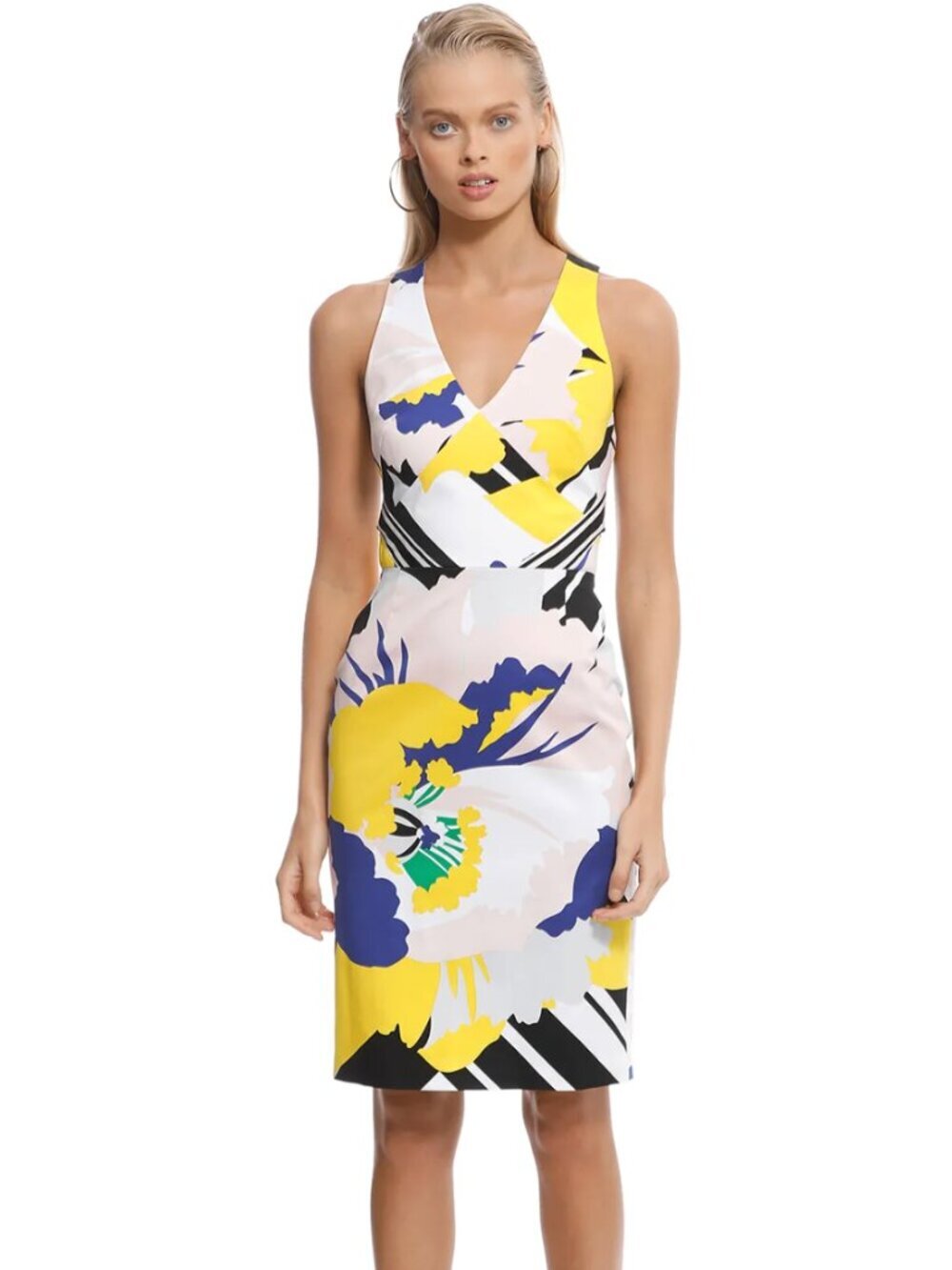 Karen Millen Floral Print V-Neck Stripe Cross Back Straps Pencil Mini Dress, 6